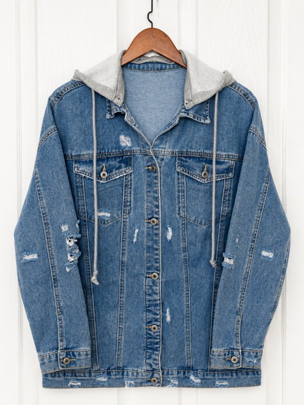 Women's Distressed Hooded Denim Jacket